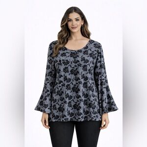 Ellos Black Grey Floral Print Top 3/4 Bell Sleeve Top 3X